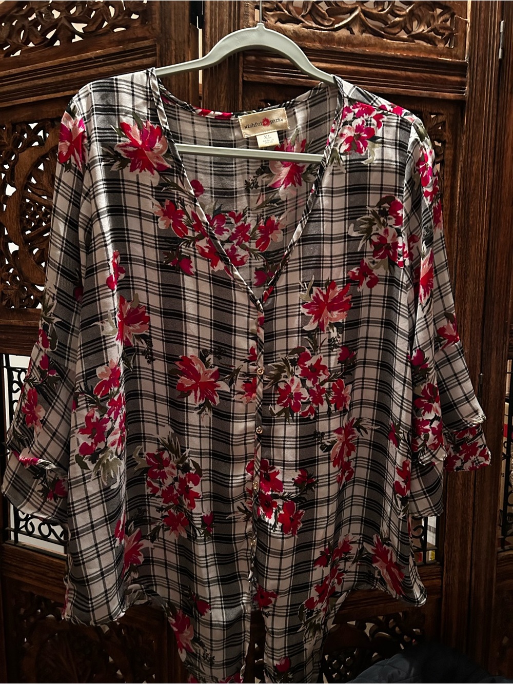 Wishful Park Black-and-White Plaid Button-Front Top with Pink Floral Print